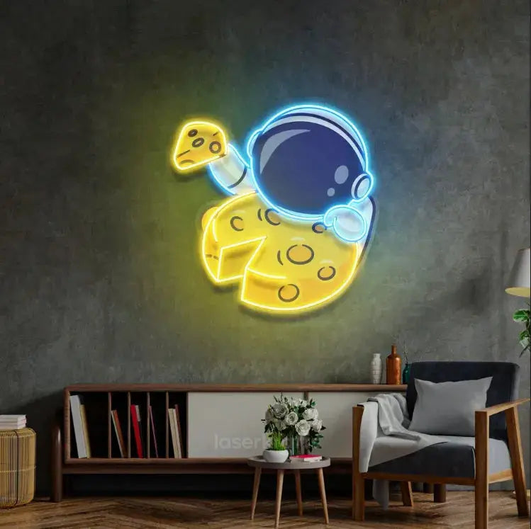 Astronaut Eating Cheese Moon LED Neon Sign Light – Whimsical Pop Art Wall Decor