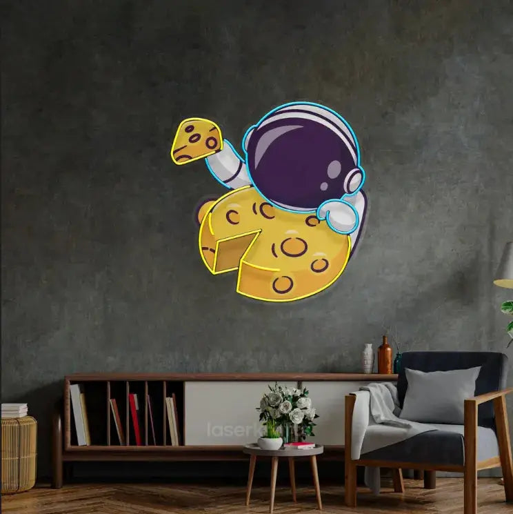 Astronaut Eating Cheese Moon LED Neon Sign Light – Whimsical Pop Art Wall Decor