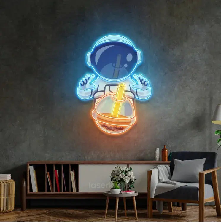 Astronaut Drinking Milk Tea LED Neon Sign Light – Fun Pop Art Wall Decor