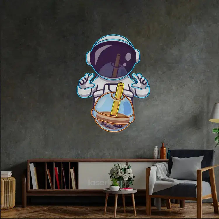 Astronaut Drinking Milk Tea LED Neon Sign Light – Fun Pop Art Wall Decor