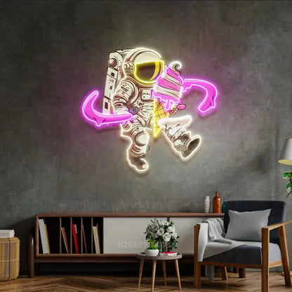 Astronaut with Ice Cream LED Neon Acrylic Artwork – Whimsical Space Wall Decor
