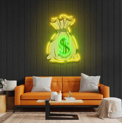 Money Bag LED Neon Acrylic Artwork – Bold Financial Wall Decor